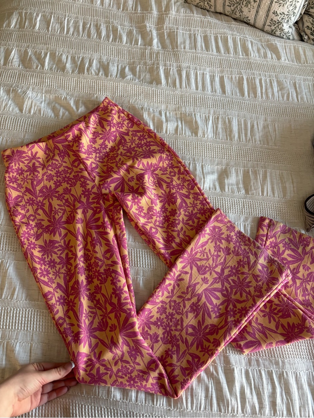 Pink and Orange Floral Print High-Waist Flare Pants